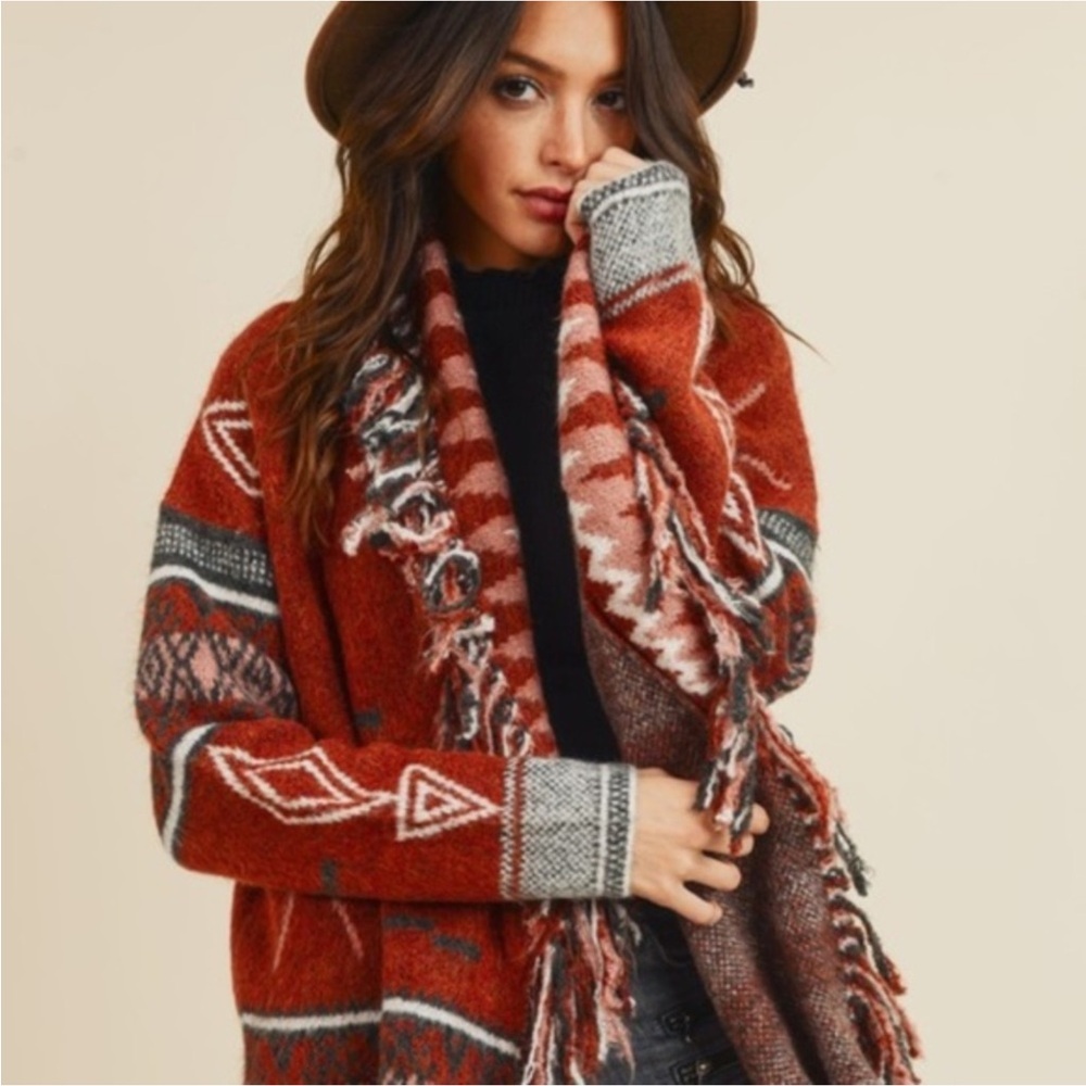 New Cowichan Native Print Fringed Blanket Cardigan Sweater Western